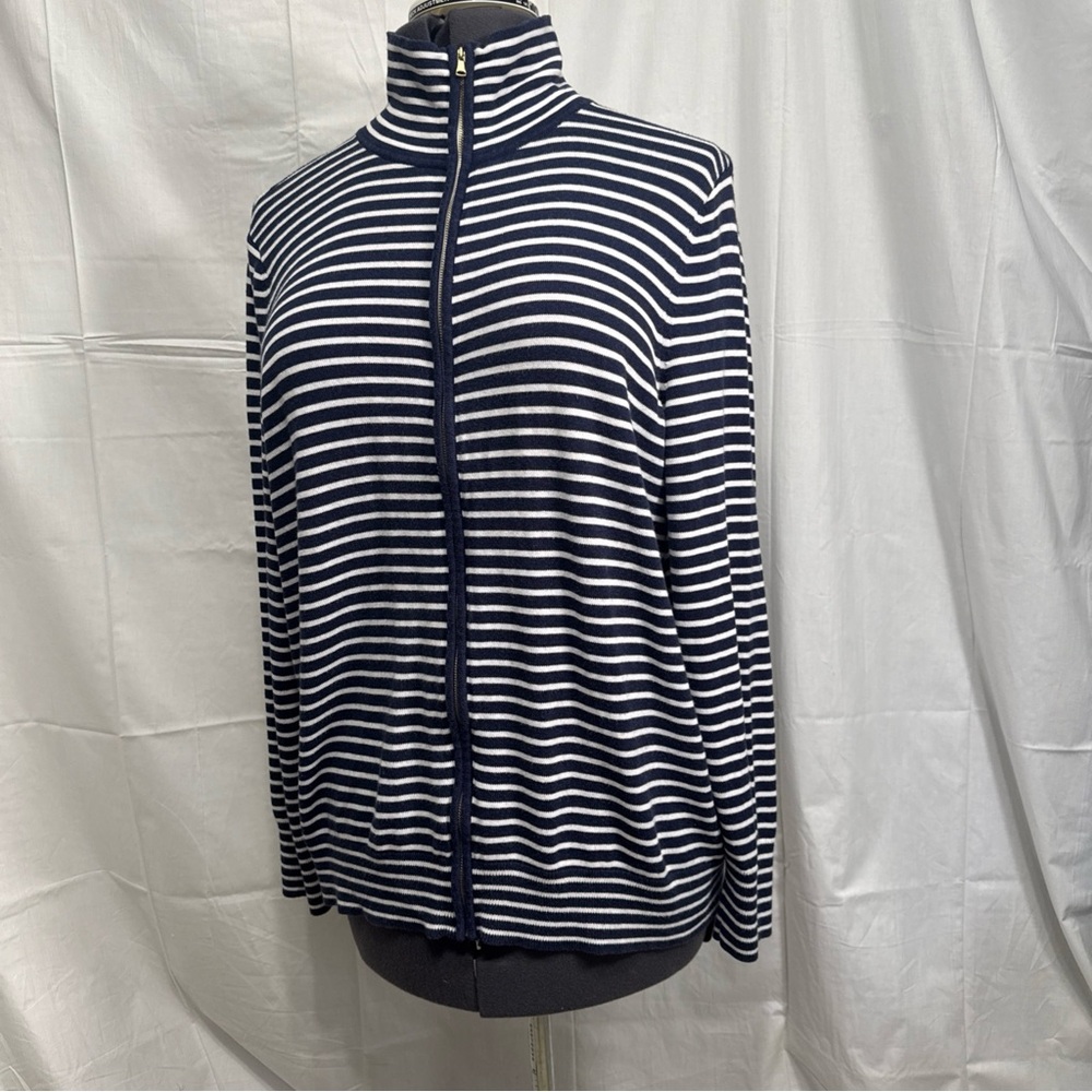 Talbots Navy & White Striped Zip Front Cardigan 1X